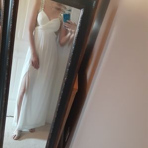 White V neck prom dress with jewels and slit